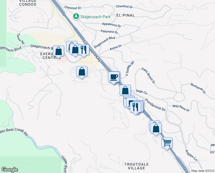 map of restaurants, bars, coffee shops, grocery stores, and more near in Evergreen