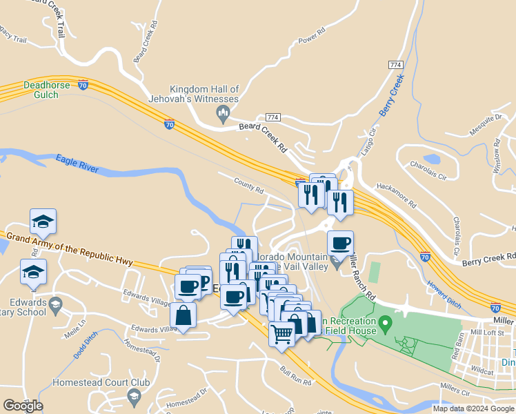 map of restaurants, bars, coffee shops, grocery stores, and more near 325 Eagle Crest Road in Edwards