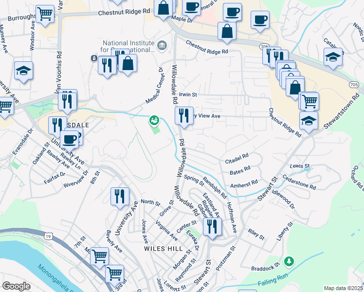 map of restaurants, bars, coffee shops, grocery stores, and more near 877 Willowdale Road in Morgantown
