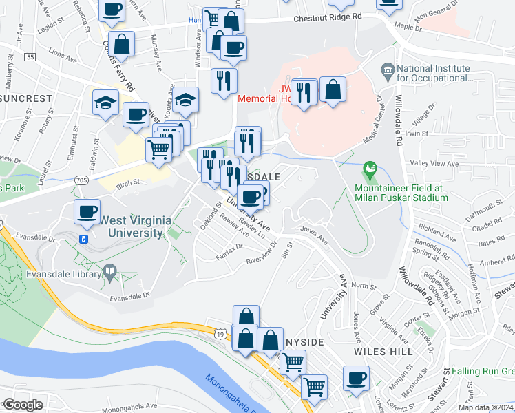 map of restaurants, bars, coffee shops, grocery stores, and more near 425 Inglewood Boulevard in Morgantown