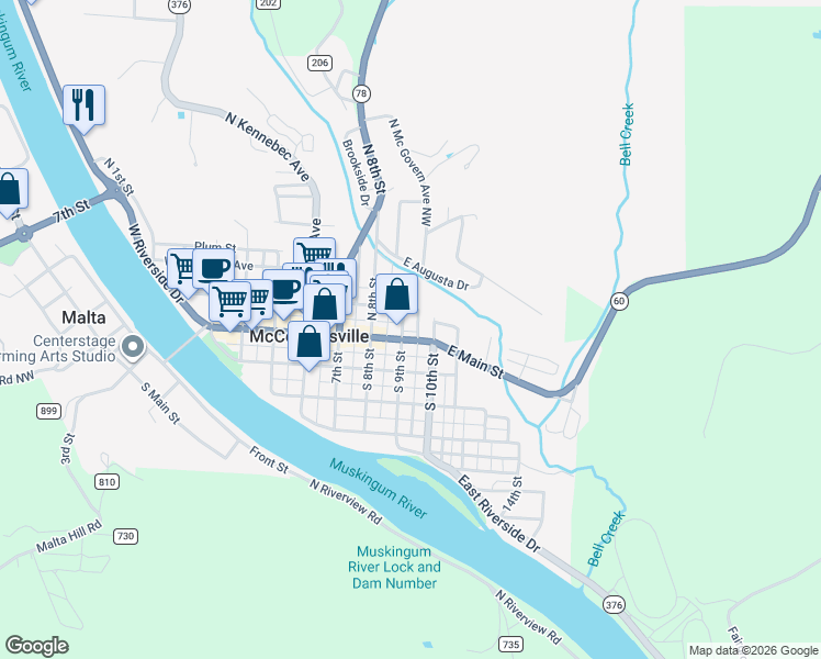 map of restaurants, bars, coffee shops, grocery stores, and more near 43 North 9th Street in McConnelsville
