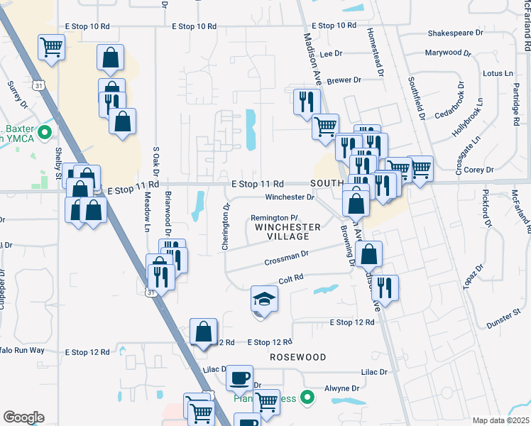 map of restaurants, bars, coffee shops, grocery stores, and more near 1841 Winchester Drive in Indianapolis