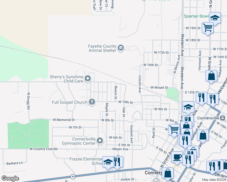 map of restaurants, bars, coffee shops, grocery stores, and more near 1110 Maple Street in Connersville