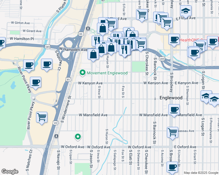 map of restaurants, bars, coffee shops, grocery stores, and more near 3698 South Huron Street in Englewood
