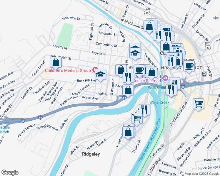 map of restaurants, bars, coffee shops, grocery stores, and more near 311 Paca Street in Cumberland