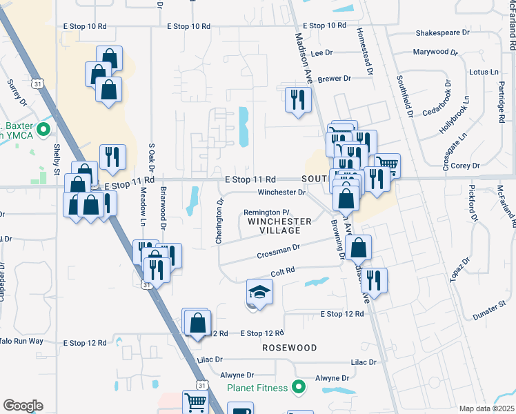 map of restaurants, bars, coffee shops, grocery stores, and more near 1841 Winchester Drive in Indianapolis