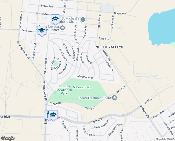 map of restaurants, bars, coffee shops, grocery stores, and more near 14321 Durham Drive in Reno