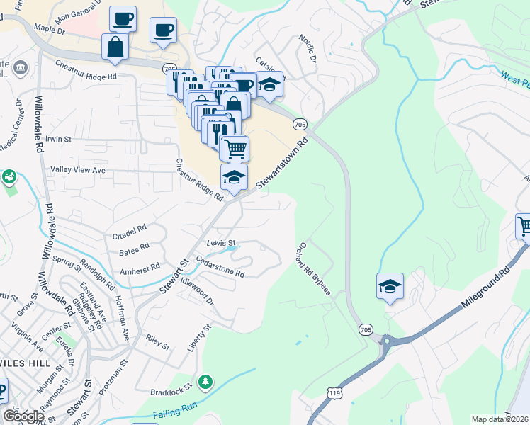 map of restaurants, bars, coffee shops, grocery stores, and more near 135 School Street in Morgantown