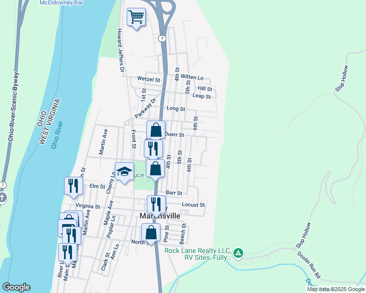 map of restaurants, bars, coffee shops, grocery stores, and more near 752 5th Street in New Martinsville