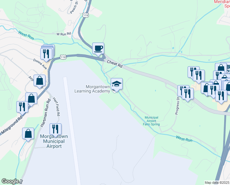 map of restaurants, bars, coffee shops, grocery stores, and more near 123 Discovery Place in Morgantown