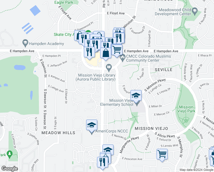 map of restaurants, bars, coffee shops, grocery stores, and more near 3693 South Helena Way in Aurora