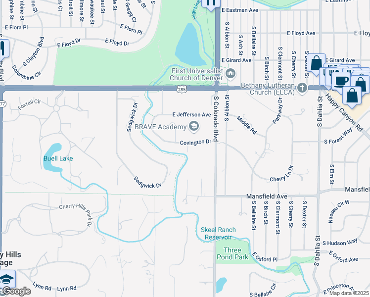 map of restaurants, bars, coffee shops, grocery stores, and more near 5 Covington Drive in Englewood