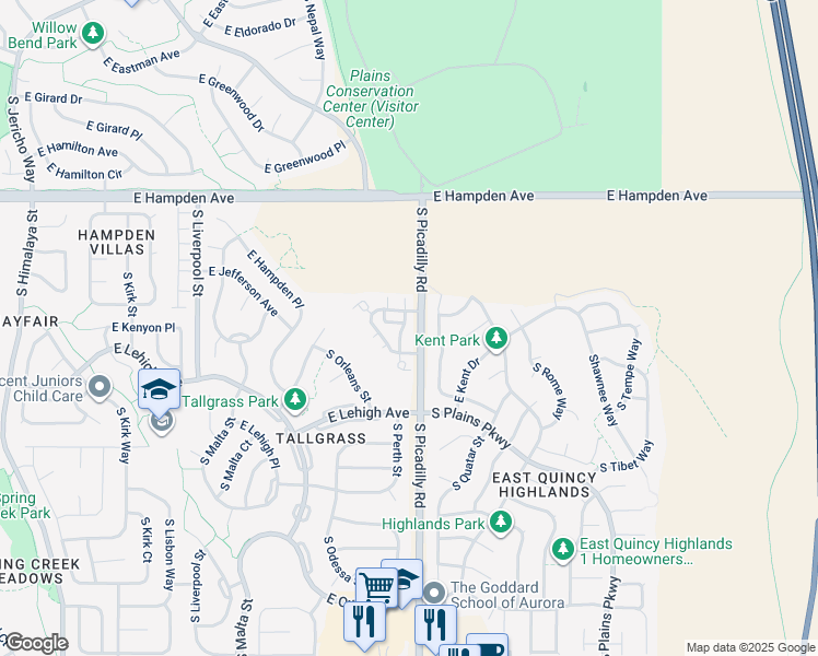 map of restaurants, bars, coffee shops, grocery stores, and more near 3631 South Perth Circle in Aurora