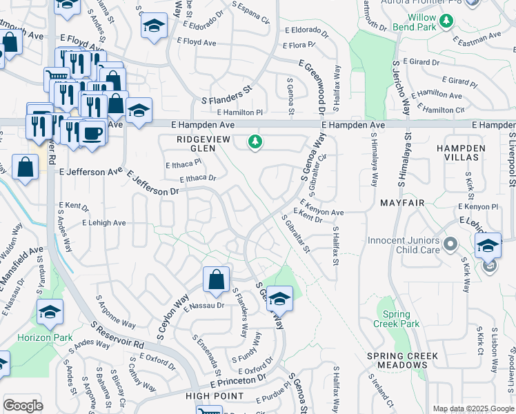map of restaurants, bars, coffee shops, grocery stores, and more near 3720 South Espana Way in Aurora