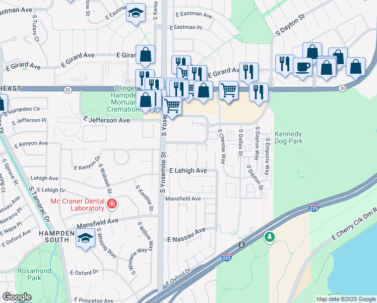 map of restaurants, bars, coffee shops, grocery stores, and more near 9105 Lehigh Avenue in Denver