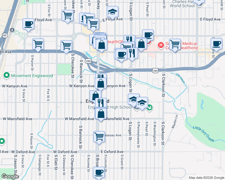 map of restaurants, bars, coffee shops, grocery stores, and more near 211 East Kenyon Avenue in Englewood
