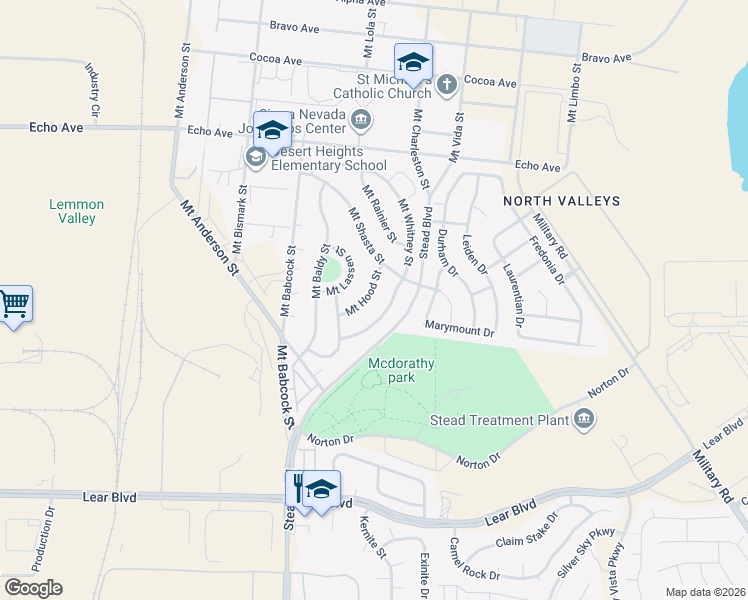 map of restaurants, bars, coffee shops, grocery stores, and more near 13393 Mount Hood Street in Reno