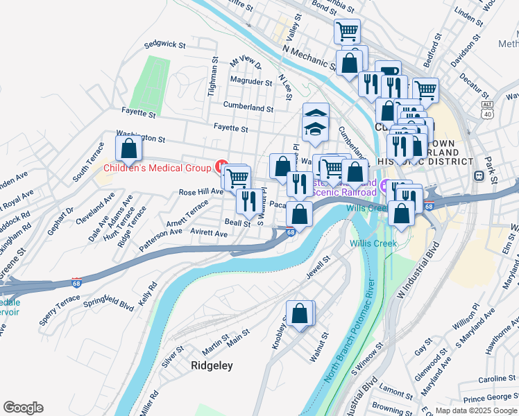 map of restaurants, bars, coffee shops, grocery stores, and more near 311 Paca Street in Cumberland