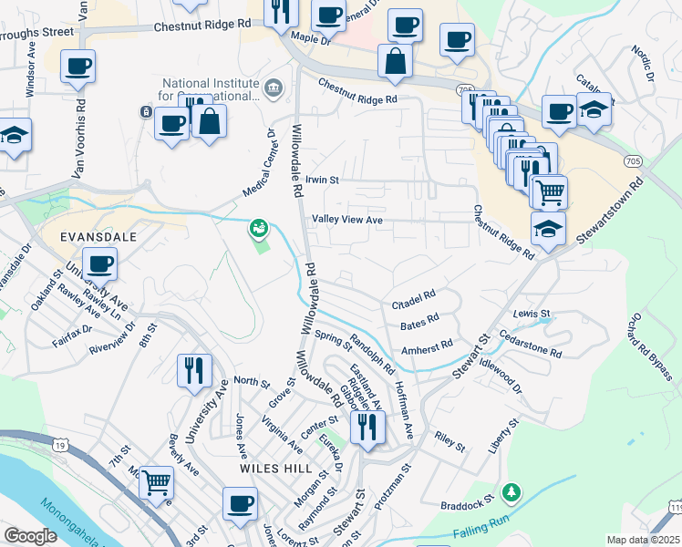 map of restaurants, bars, coffee shops, grocery stores, and more near 1602 Chateau Royale Court in Morgantown