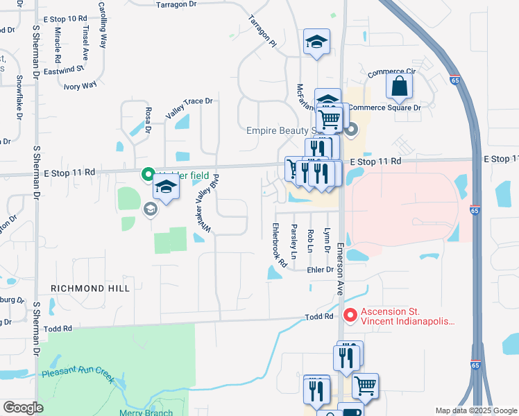 map of restaurants, bars, coffee shops, grocery stores, and more near 8101 Whitham Drive in Indianapolis