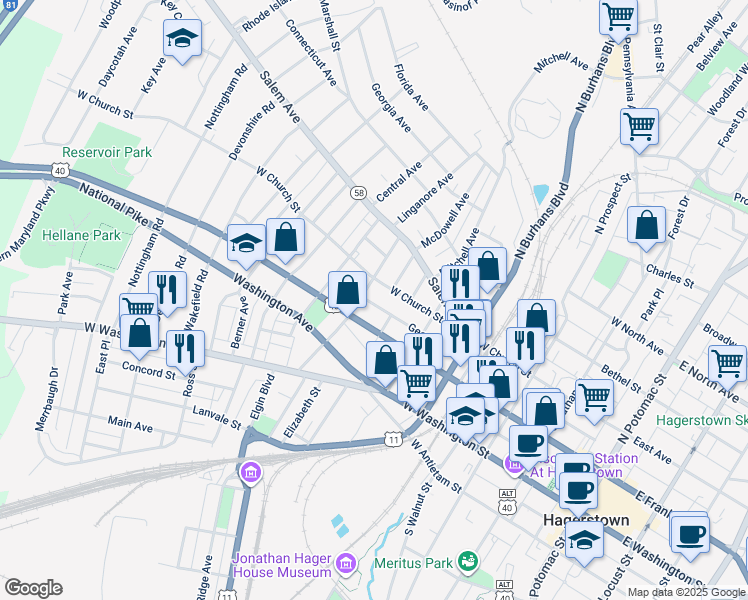 map of restaurants, bars, coffee shops, grocery stores, and more near 624 George Street in Hagerstown