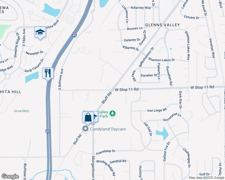 map of restaurants, bars, coffee shops, grocery stores, and more near Bluff Rd & W Stop 11 Rd in Indianapolis