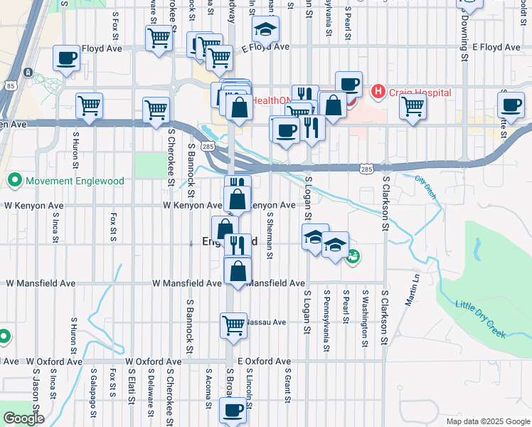 map of restaurants, bars, coffee shops, grocery stores, and more near 211 East Kenyon Avenue in Englewood
