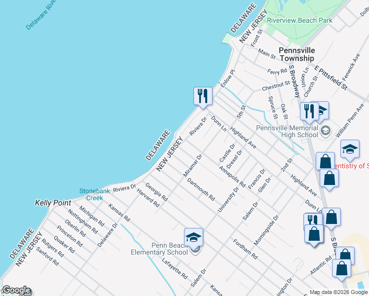 map of restaurants, bars, coffee shops, grocery stores, and more near 33 Riviera Drive in Pennsville Township
