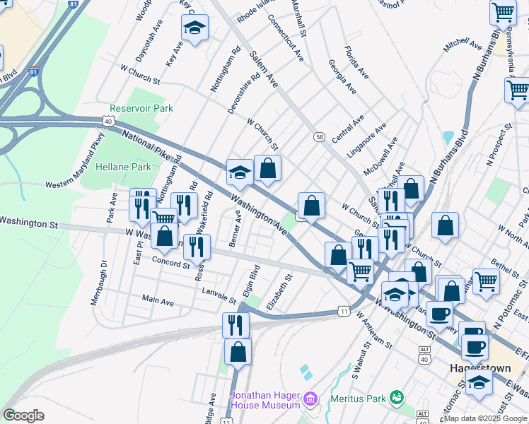 map of restaurants, bars, coffee shops, grocery stores, and more near 830 Washington Avenue in Hagerstown