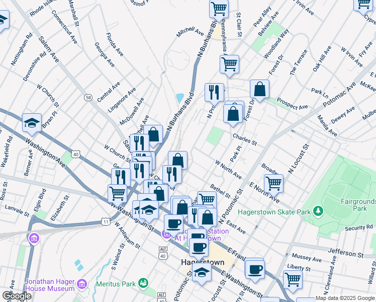 map of restaurants, bars, coffee shops, grocery stores, and more near 403 North Prospect Street in Hagerstown