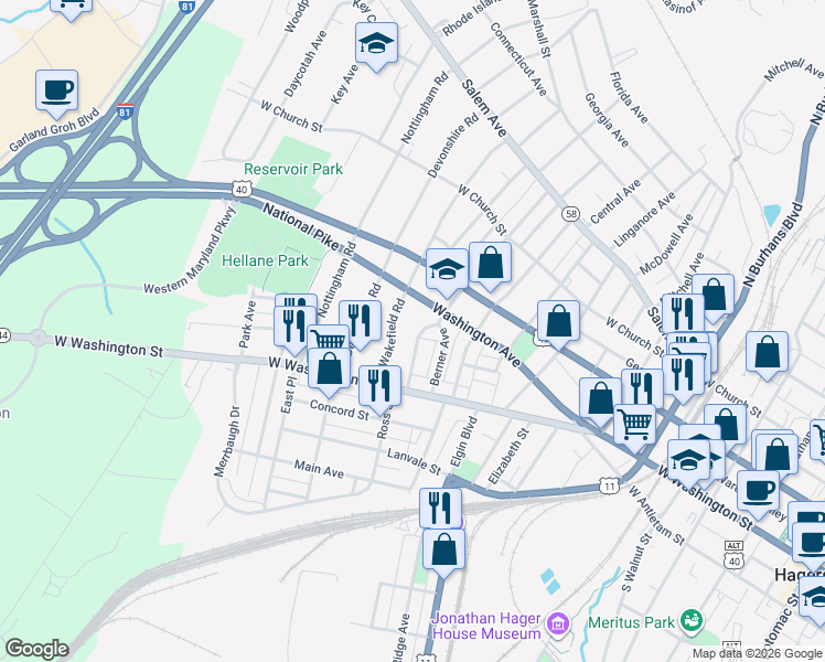 map of restaurants, bars, coffee shops, grocery stores, and more near 57 Avalon Avenue in Hagerstown