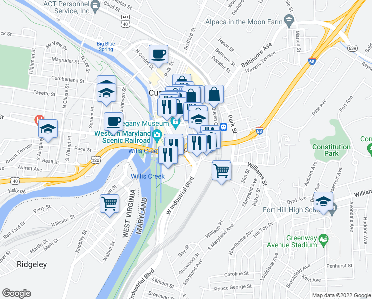 map of restaurants, bars, coffee shops, grocery stores, and more near Interstate 68 in Cumberland