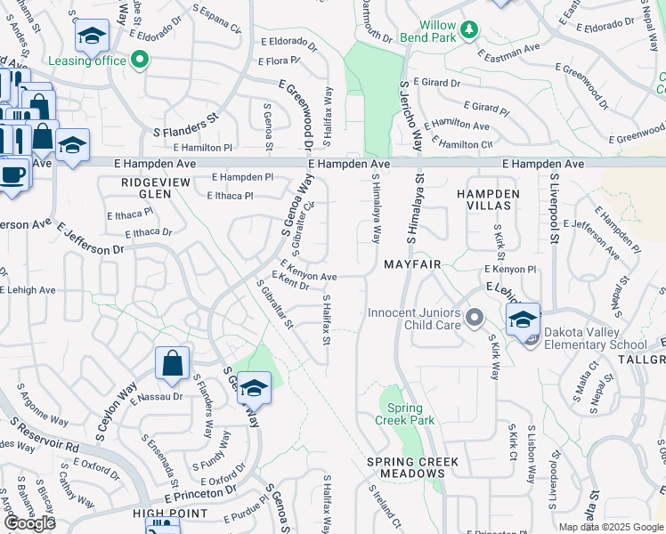 map of restaurants, bars, coffee shops, grocery stores, and more near 3676 South Halifax Way in Aurora