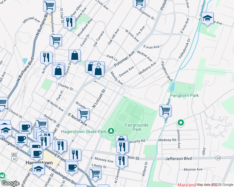 map of restaurants, bars, coffee shops, grocery stores, and more near 655 North Mulberry Street in Hagerstown
