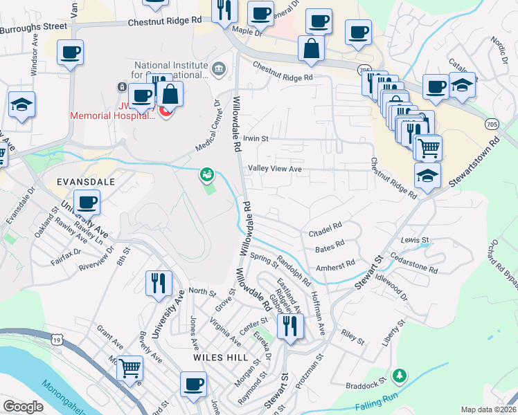 map of restaurants, bars, coffee shops, grocery stores, and more near 1602 Chateau Royale Court in Morgantown