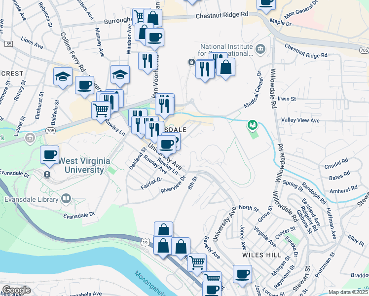map of restaurants, bars, coffee shops, grocery stores, and more near 448 Inglewood Boulevard in Morgantown
