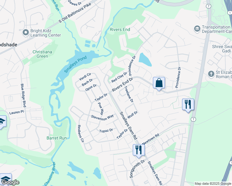map of restaurants, bars, coffee shops, grocery stores, and more near 302 Rivers End Drive in Bear