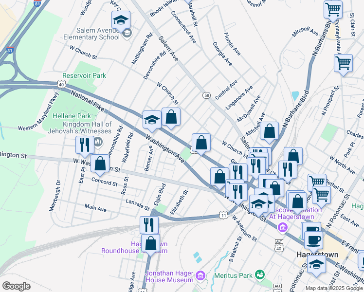 map of restaurants, bars, coffee shops, grocery stores, and more near 805 West Franklin Street in Hagerstown