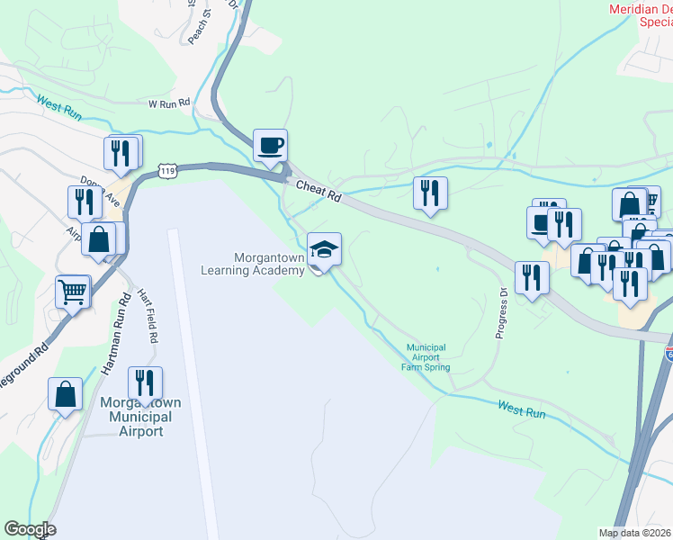 map of restaurants, bars, coffee shops, grocery stores, and more near 123 Discovery Place in Morgantown