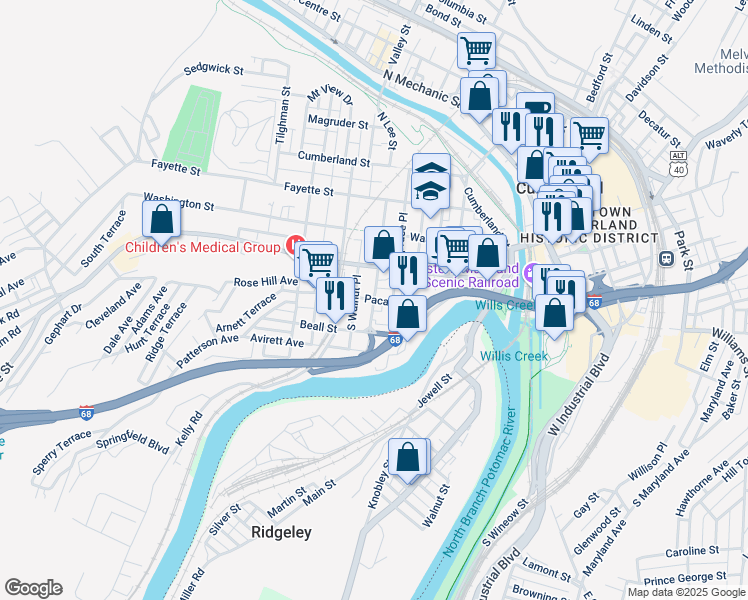 map of restaurants, bars, coffee shops, grocery stores, and more near 298 Paca Street in Cumberland
