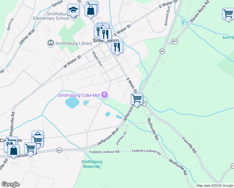 map of restaurants, bars, coffee shops, grocery stores, and more near 66 Stanley Hauver Drive in Smithsburg