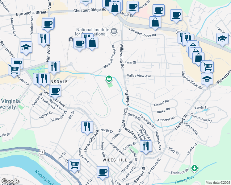map of restaurants, bars, coffee shops, grocery stores, and more near 3 Ira Errett Rodgers Drive in Morgantown