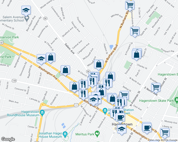map of restaurants, bars, coffee shops, grocery stores, and more near 510 Salem Avenue in Hagerstown