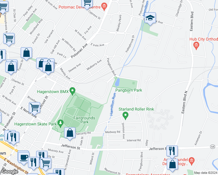 map of restaurants, bars, coffee shops, grocery stores, and more near 777 Monet Drive in Hagerstown