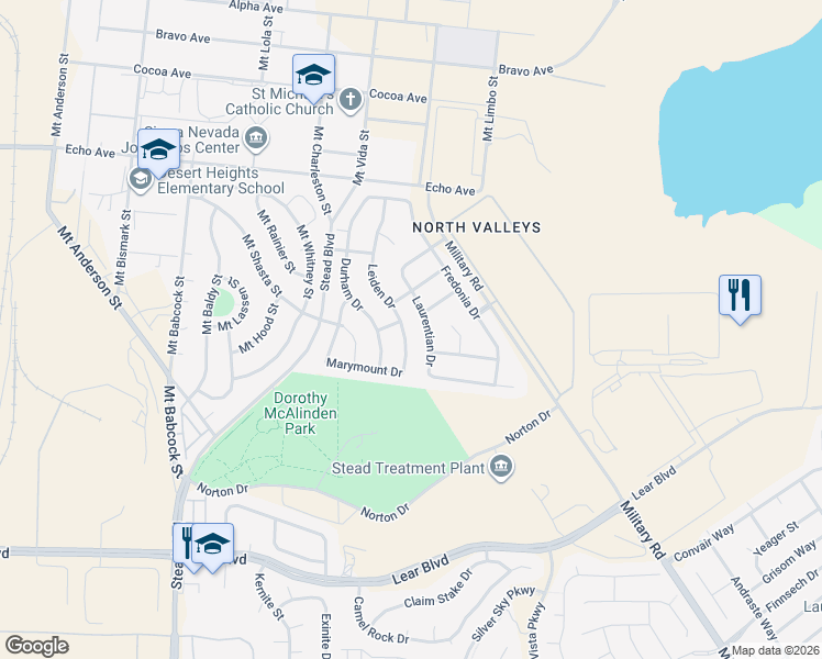 map of restaurants, bars, coffee shops, grocery stores, and more near 14368 Leiden Drive in Reno