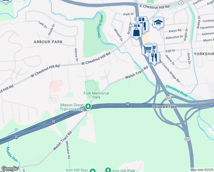 map of restaurants, bars, coffee shops, grocery stores, and more near 76 Welsh Tract Road in Newark