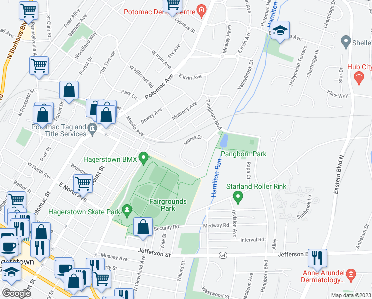 map of restaurants, bars, coffee shops, grocery stores, and more near 838 Monet Drive in Hagerstown