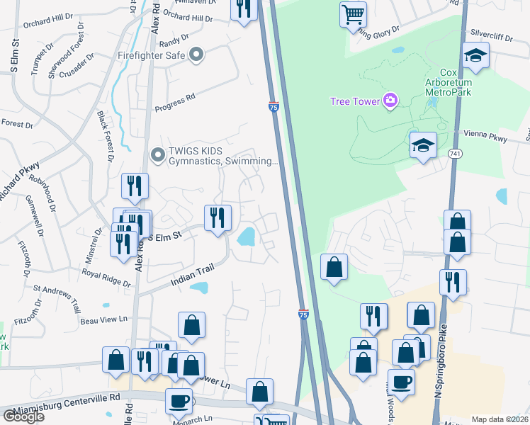 map of restaurants, bars, coffee shops, grocery stores, and more near 1107 Arrowhead Crossing in West Carrollton