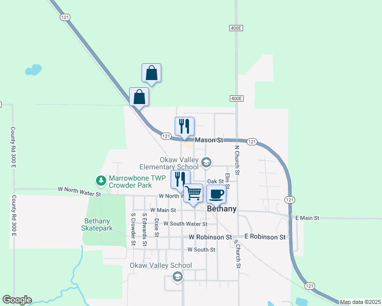 map of restaurants, bars, coffee shops, grocery stores, and more near 400-414 Jefferson Street in Bethany