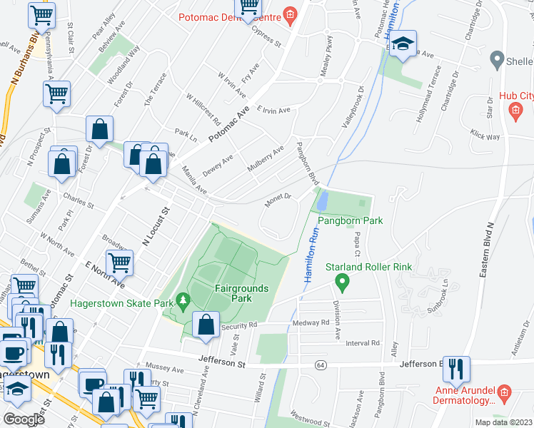 map of restaurants, bars, coffee shops, grocery stores, and more near 838 Monet Drive in Hagerstown